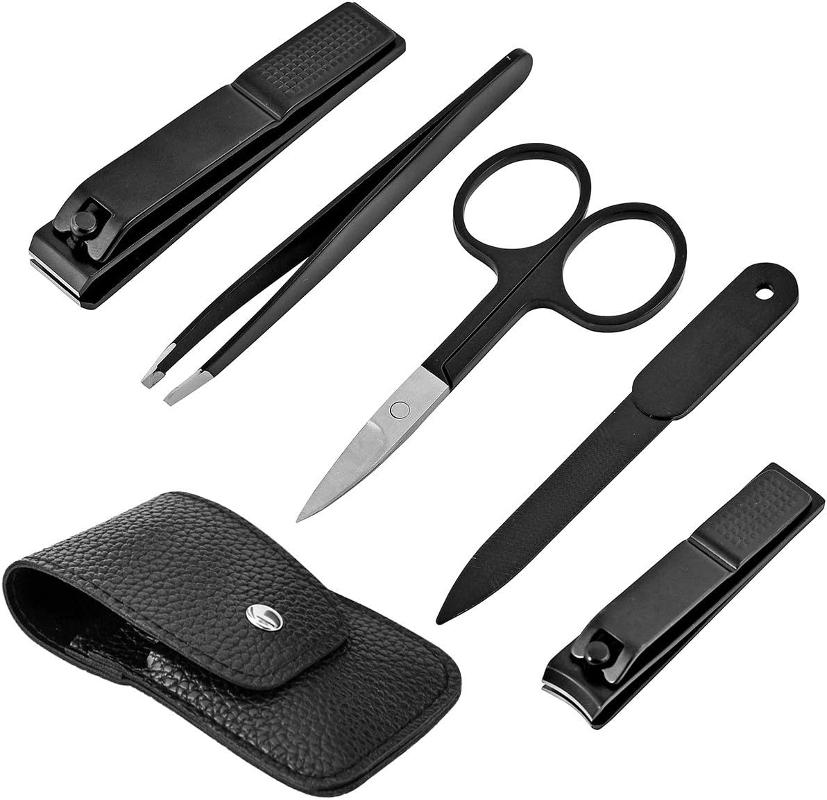 Nail Clipper Set for Men & Women – Travel Nail Care Kit with Black Stainless Steel Fingernail Clipper & Pedicure Toenail Trimmer, Nail File, Sharp Tweezers & Manicure Scissors Set of 5 (Black)