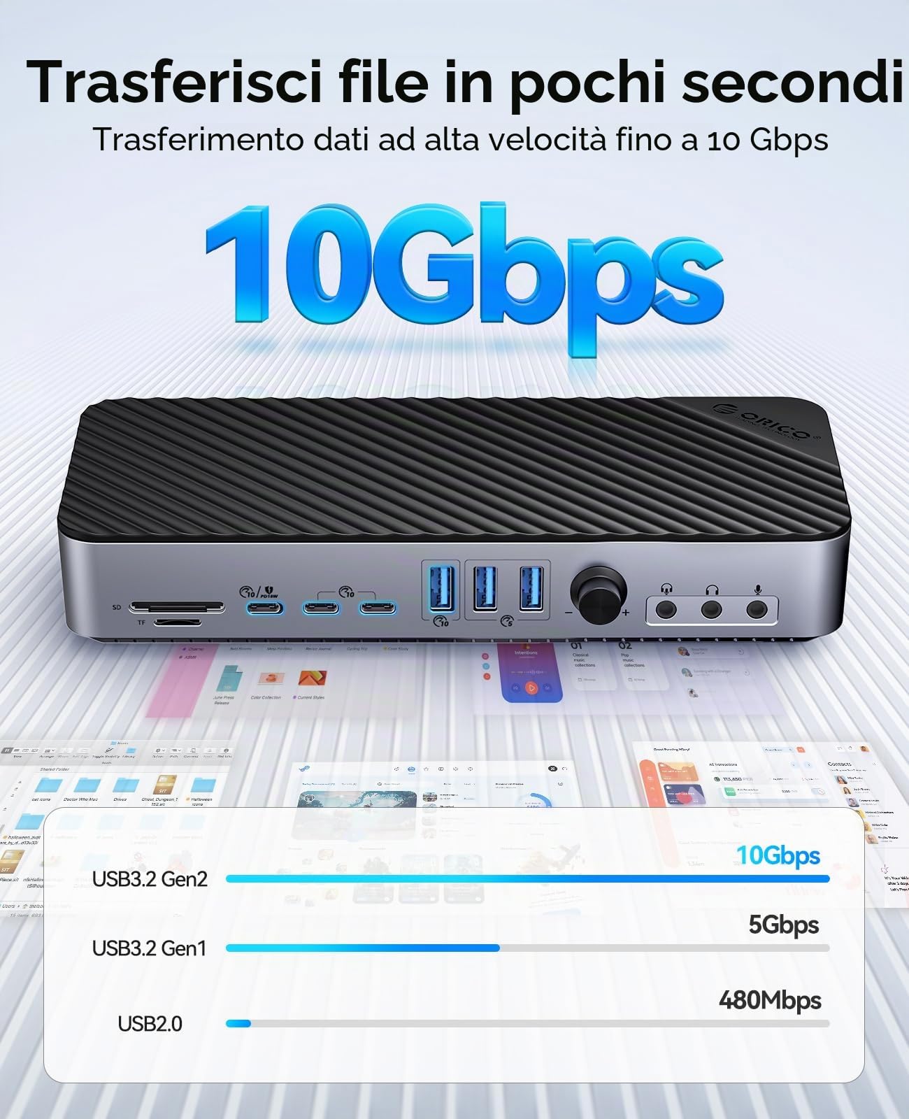 ORICO 22 IN 1 Docking Station DisplayLink, Hub USB C a Quattro Display con 3 DP/HDMI, Uscita Singola 8K, 60W PD, USB C 3.2 18W PD, 2 Tipo C 3.2, Tipo A 3.2, 3 USB A 3.0, RJ45, 3 AUX