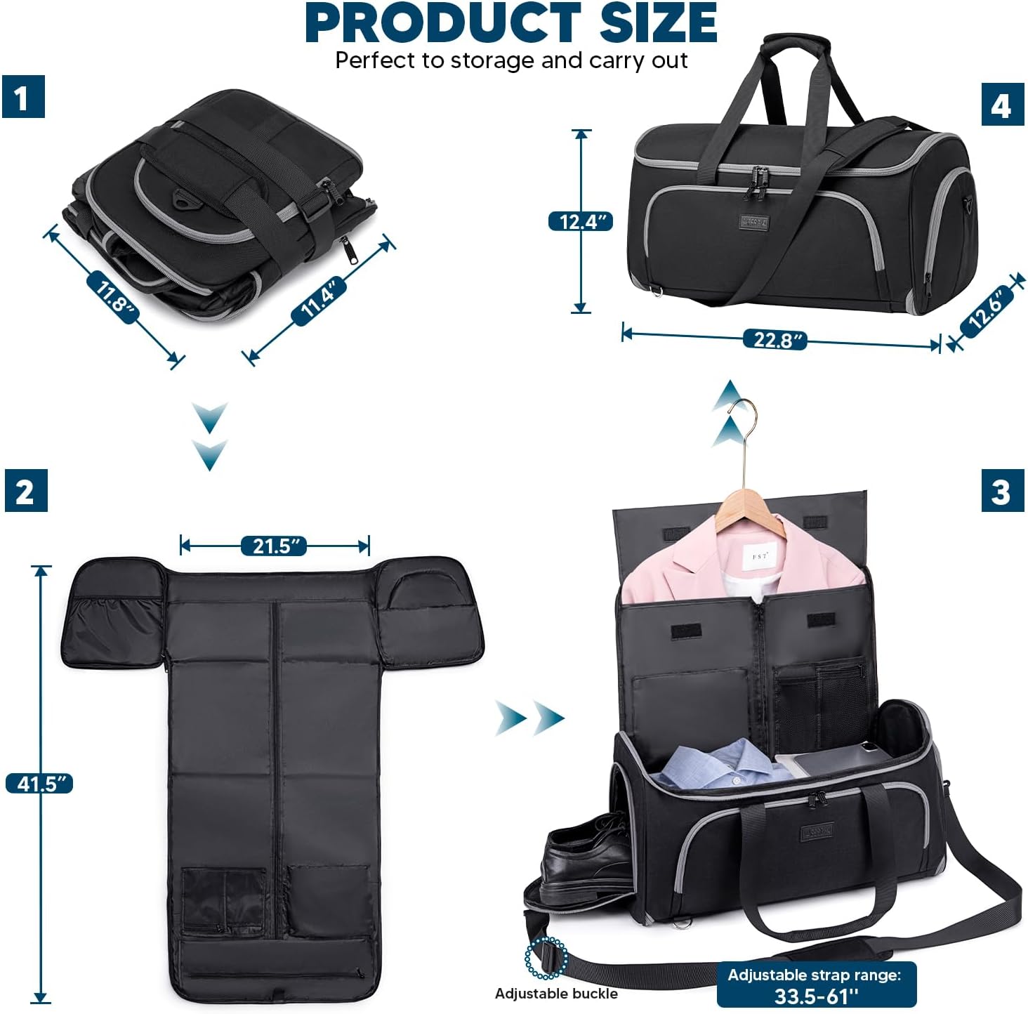 Convertible Garment Bags for Travel, 4 in 1 Duffle Bag for Travel 58L Capacity Carry on Garment Bag with Shoes Compartment Travel Garment Bag with Shoulder Straps Suit Bag for Men Women,Black - Image 2