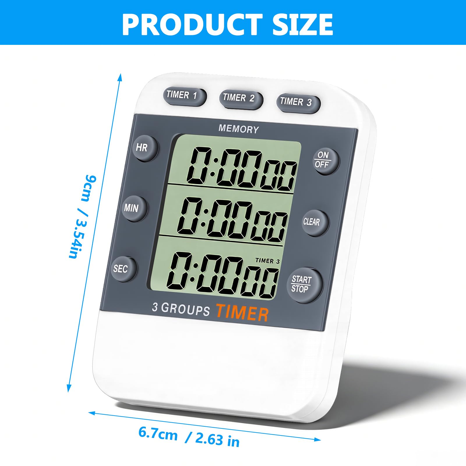 Timer digitale a 3 canali, grande display, allarme volume forte, luce lampeggiante, retro magnetico, supporto