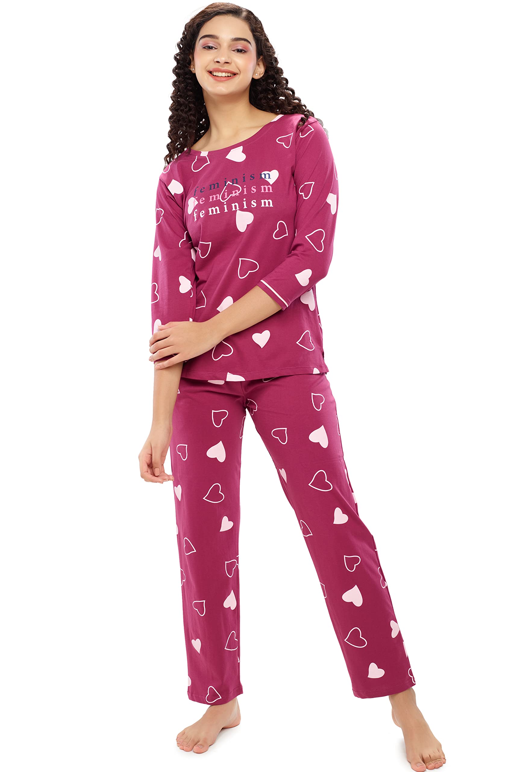 zeyo Women's Cotton Heart Printed Stylish Night suit set of Top & Pajama Set 5619-picture-43