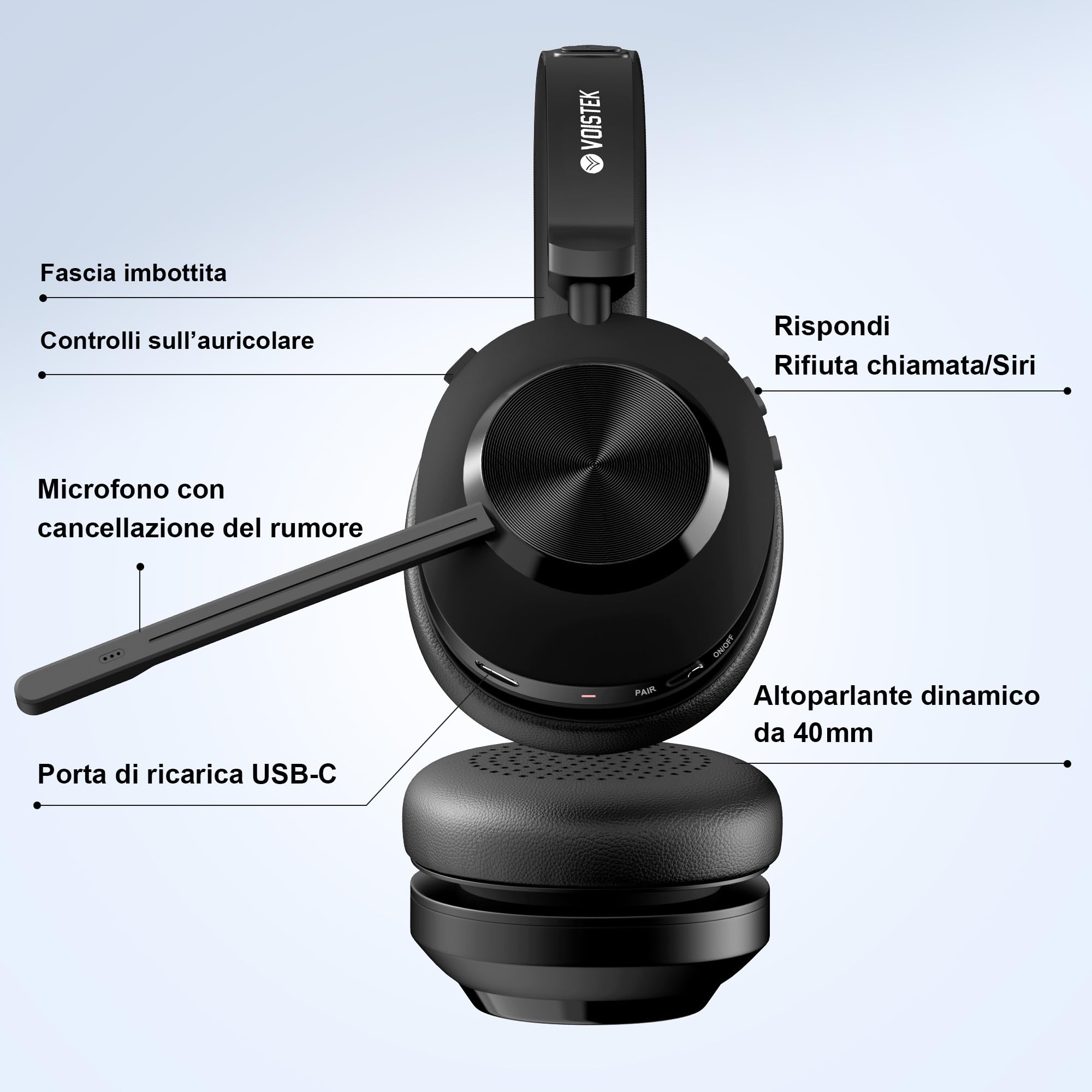 Voistek Cuffie Bluetooth Wireless con Microfono e Cancellazione Rumore, Dongle USB per PC, 45 Ore di Autonomia, Tasto Muto, Ideali per Ufficio, Riunioni, Zoom, Call Center, Laptop, Computer