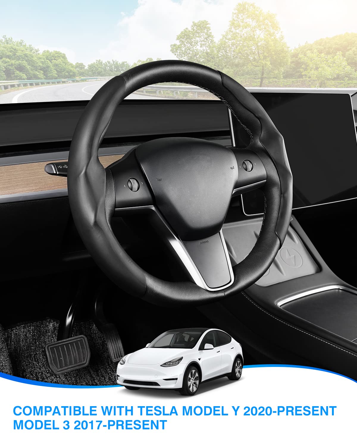 Canvcle Custom-Fit Steering Wheel Cover for Tesla, Telsa Model 3 / Y Leather Steering Wheel Cover for Men/Women, Anti-Slip, Comfortable Grip, Breathable, Model 3 / Y Accessories (Black)