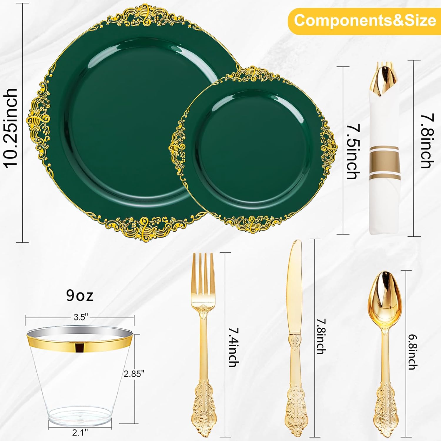 Nervure 350PCS Green Plastic Plates - Green Gold Plastic Dinnerware Sets for 50 Guests - 100 Disposable Plates, 150 Gold Silverware, 50 Cups, 50 Napkins Perfect for Wedding & Party - Image 8