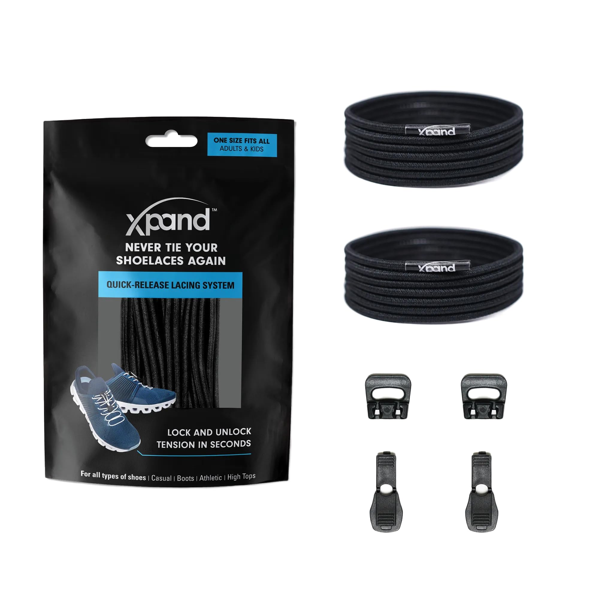 Xpand Elastic No Tie Round Shoelaces - Quick Release Tension Control - One Size Fits All Adult and Kids Shoes