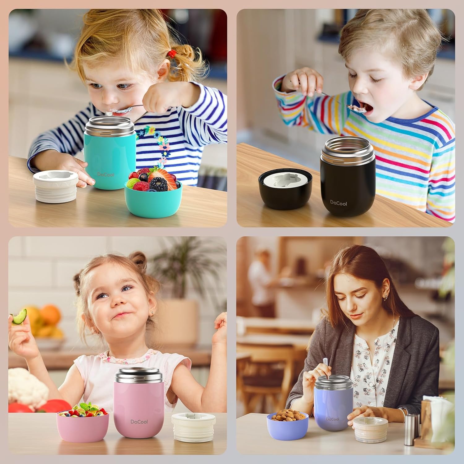 DaCool Paquete de 2 termos de alimentos para alimentos calientes, 16 onzas, frascos de alimentos aislados al vacío para niños y adultos, de acero inoxidable, contenedor de almuerzo aislado para