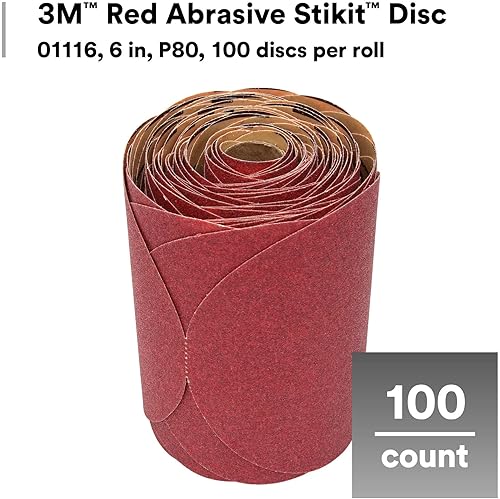Miniatura 2 de 3M Stikit - Disco abrasivo PSA rojo, 01116, 6 pulgadas, P80, rollo de 100 discos para lijado automotriz, lijado de imprimación, desbaste de bordes
