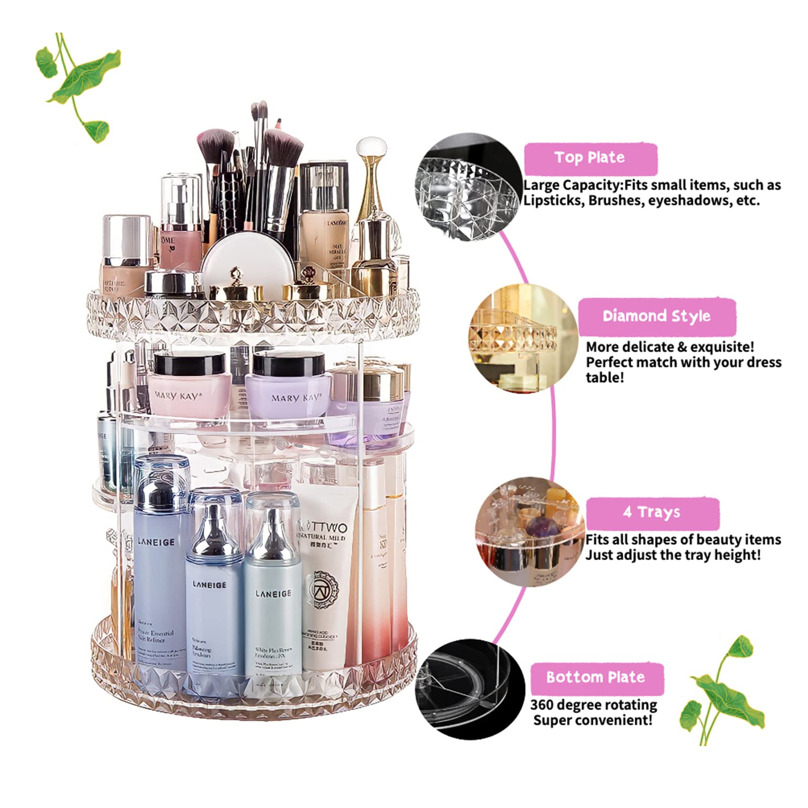 Twinkie Molly Makeup Organizer 360 Rotating Adjustable Cosmetic Storage Acrylic Clear Display Case with Large Capacity, Fits Jewelry,Makeup Brushes, Lipsticks and More(Diamond Queen Style)