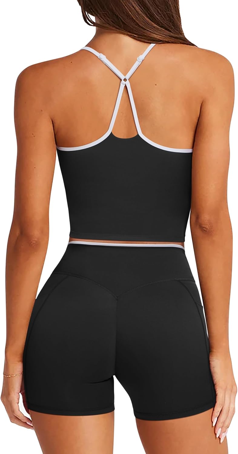 RXRXCOCO Color Block Workout Sets for Women 2 Piece Padded Strappy Tank Tops Hidden Scrunch Booty Shorts with Pockets - Image 2