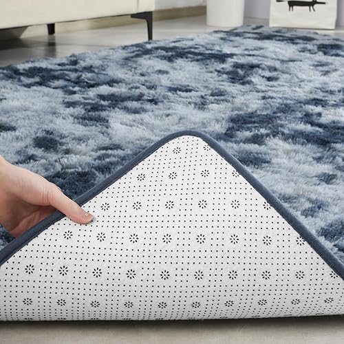 Miniatura 6 de TWINNIS Alfombras grandes de pelo largo de 4 x 6 para sala de estar, dormitorio, teñido anudado azul y gris, alfombras de felpa súper suaves para