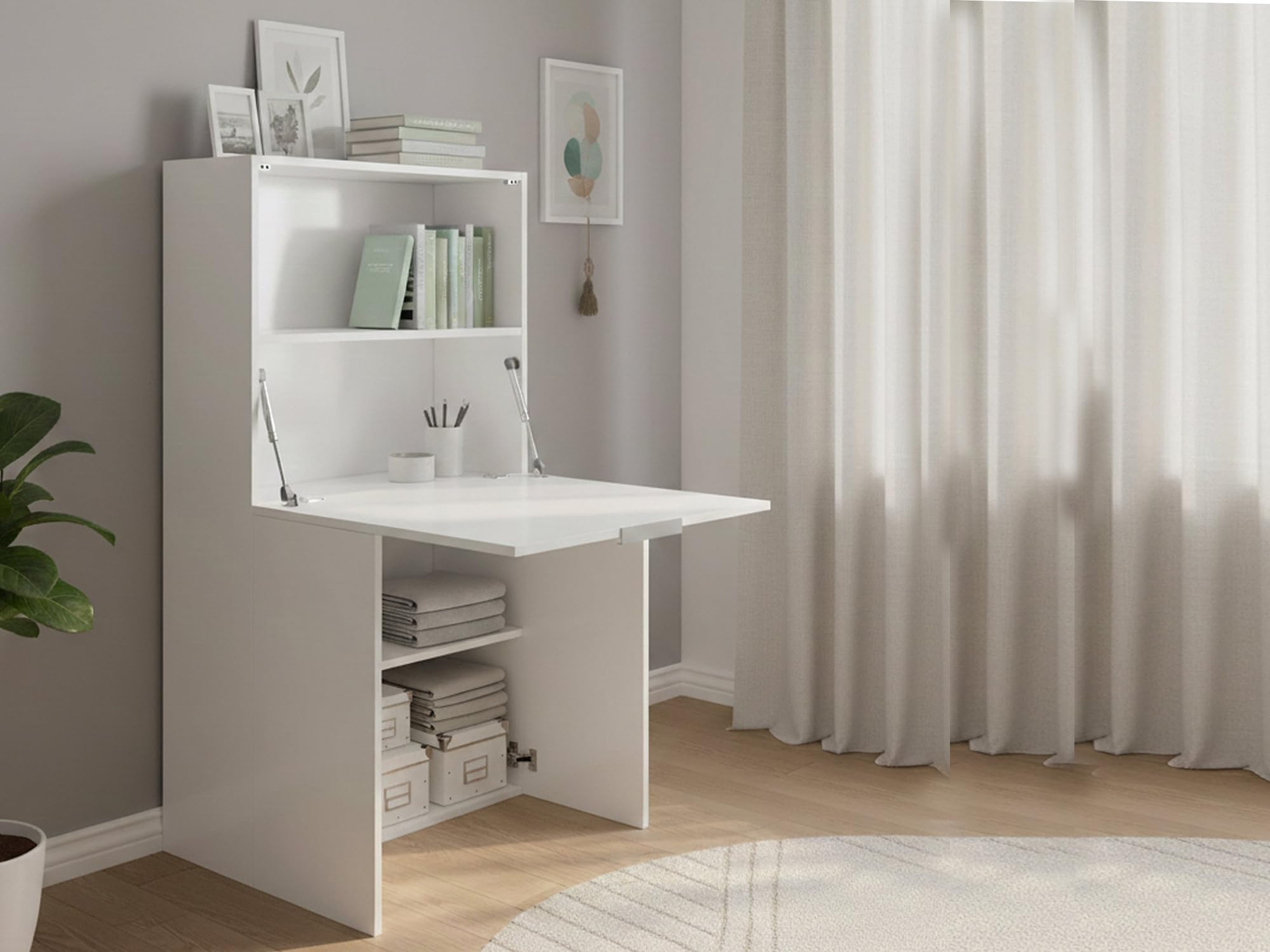 Dmora - Scrivania Gianpiero, Mobile multiuso con scaffali e piano da lavoro, Tavolo multiuso per ufficio, Scrivania salvaspazio multiposizione, 100% Made in Italy, cm 70x35h140, Bianco lucido