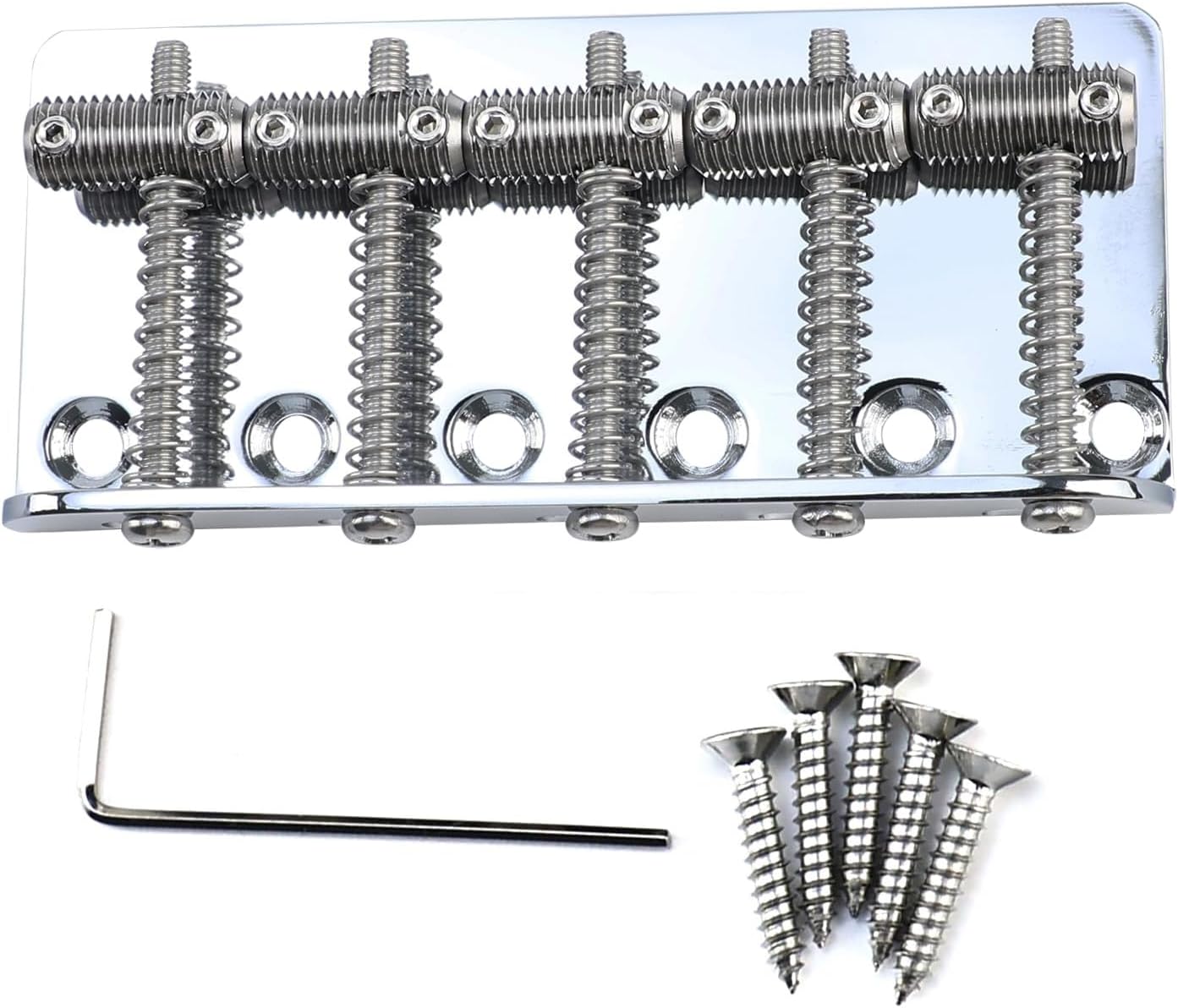 Electric Bass Guitar Bridge with Stainless Steel Threaded Saddles Plate 5 String Fixed Bridge Compatible with Vintage style Fender Jazz Precision Bass Bridge Replacement Parts Chrome