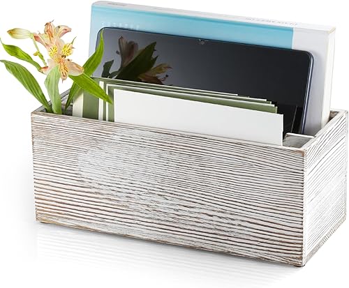 Organizador de correo para encimera, soporte de correo de madera, 2 ranuras, caja de teléfono con puerto de carga oculto, soporte para cartas de