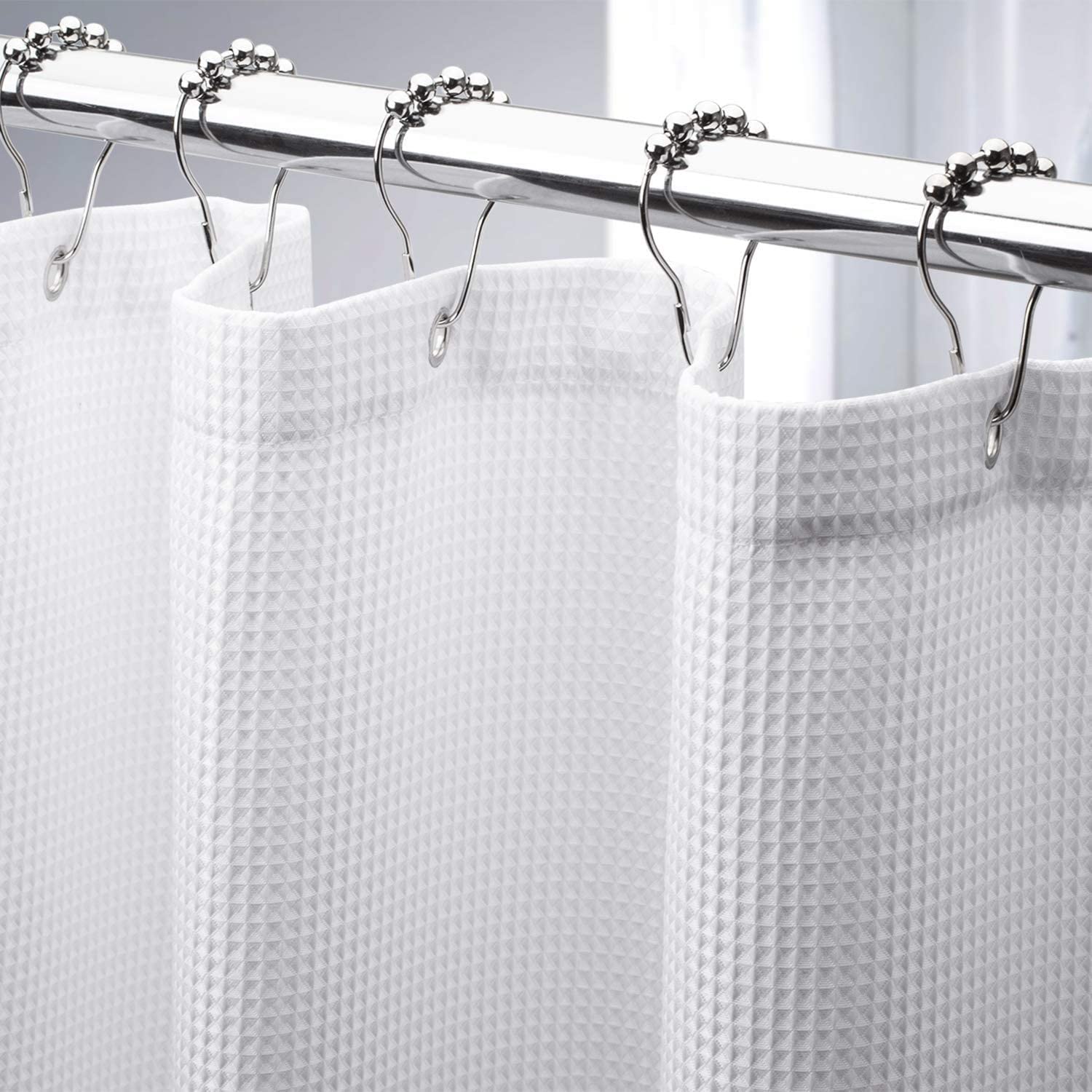 Rubik Premium Shower Curtain Thick Fabric Waffle Weave Design 5-Star Hotel Quality, Waterproof Mildew-proof No Smell Washable with 12 Hooks for Bathroom (White, 180 x 200cm)
