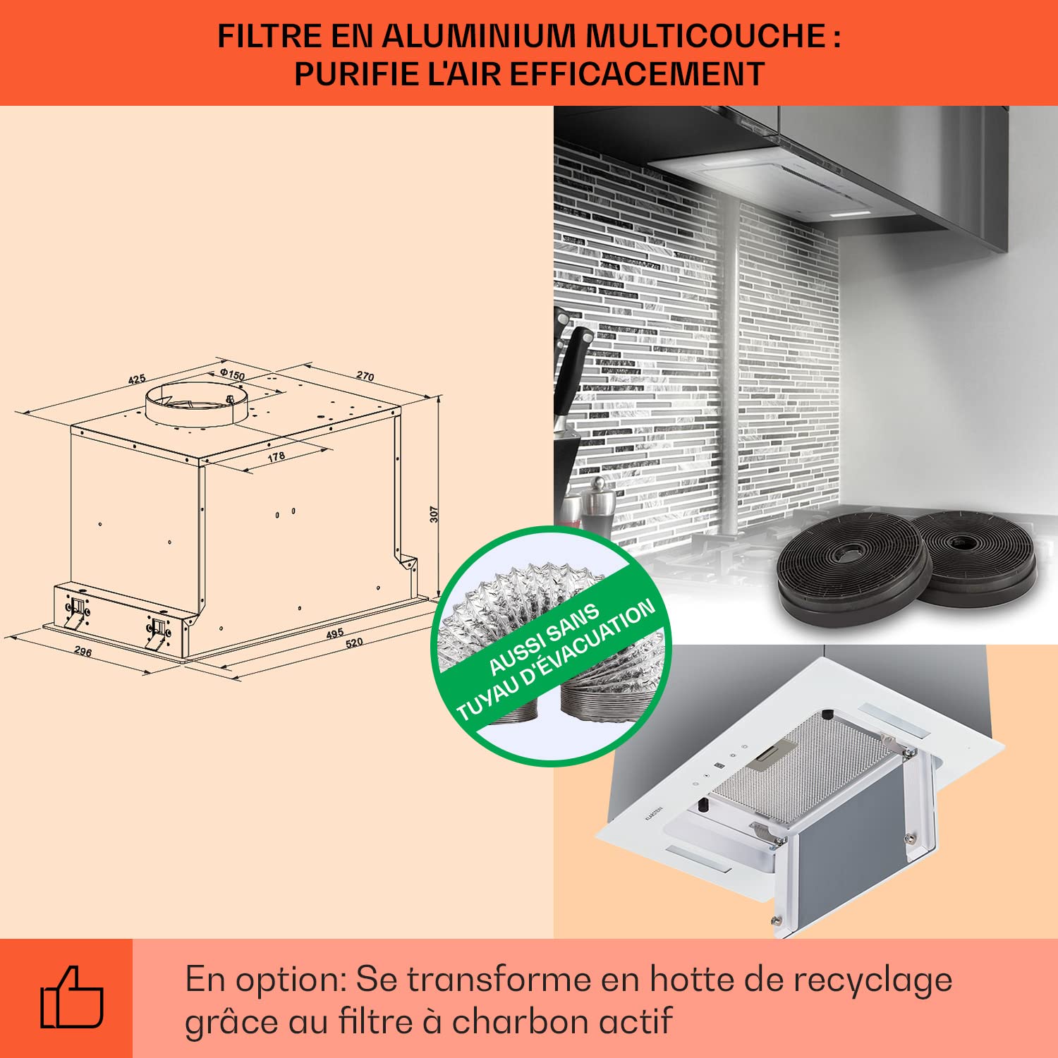 Klarstein Hektor Hotte aspirante encastrable - Hotte aspirante, 52 cm, 190W, 530 m³/h de puissance d’extraction, Écran tactile LED, Blanc