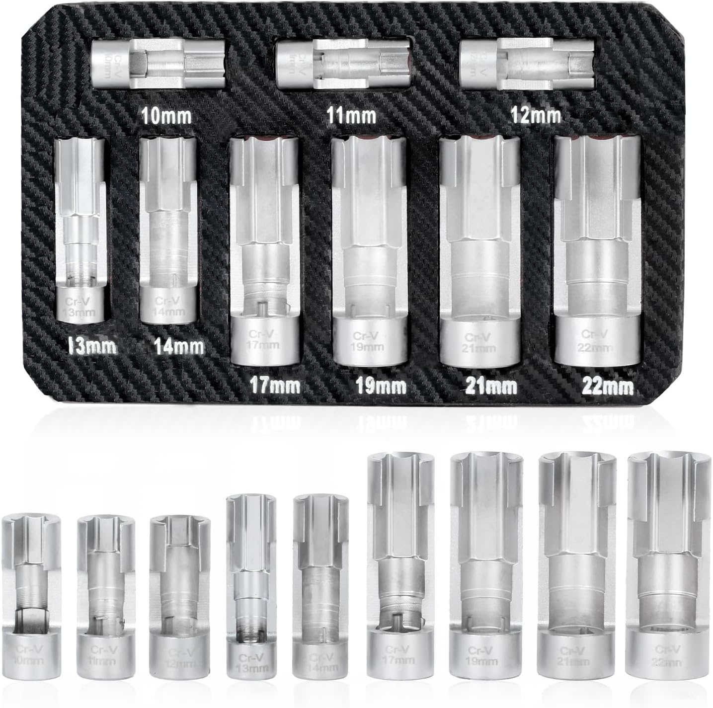 Flare Nut Slotted Socket Kit, 10mm-22mm, Metric Flare Nut Sleeve Kit, For Use in Narrow Locations Such As Wired Temperature Sensors, Thermal Switches, ABS Tubes, ETC. (9PCS)
