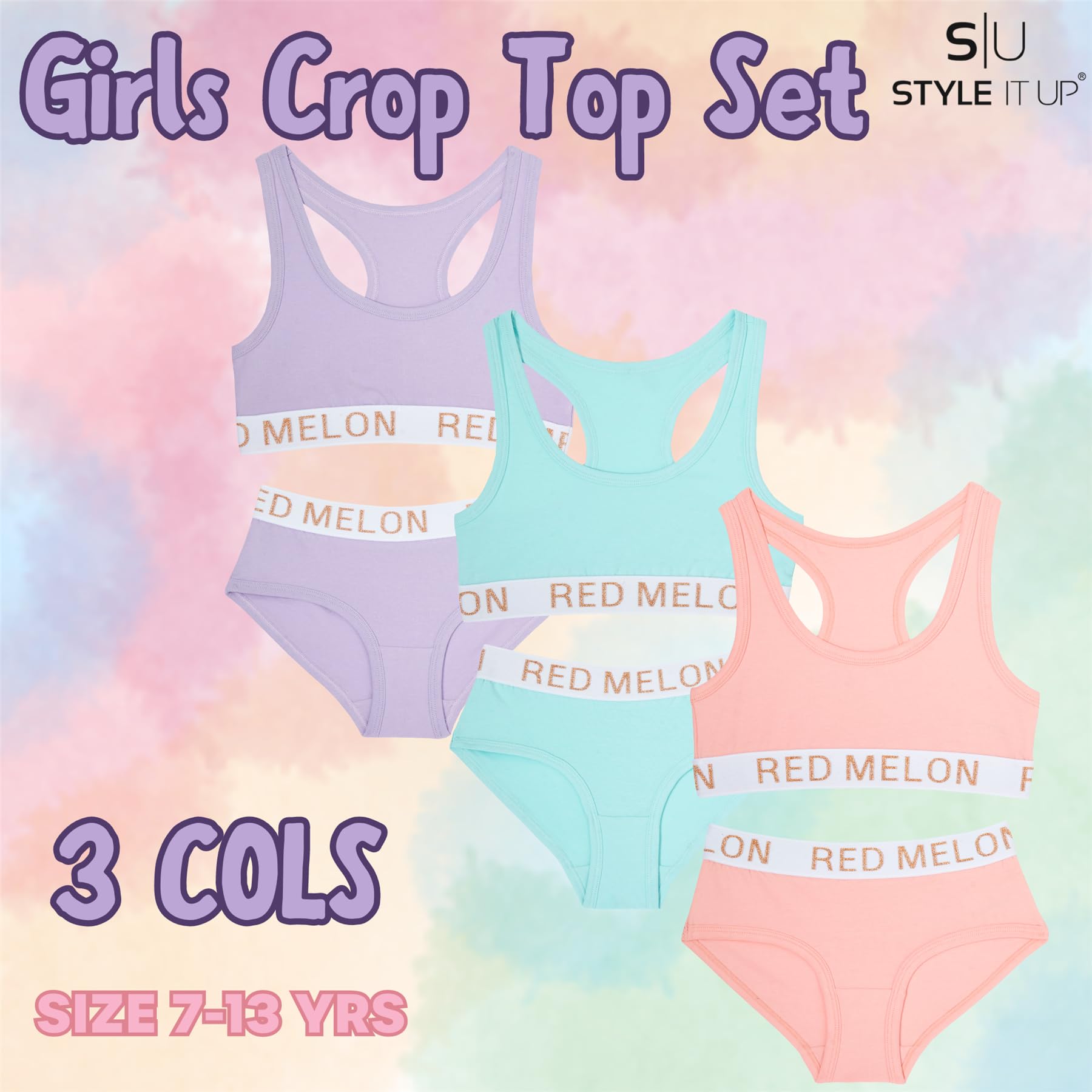 Ensemble soutien-gorge d'entraînement pour fille - Haut court - Culotte - Coton pailleté - Hipster - Brassière - Bande élastique - 7 à 13 ans