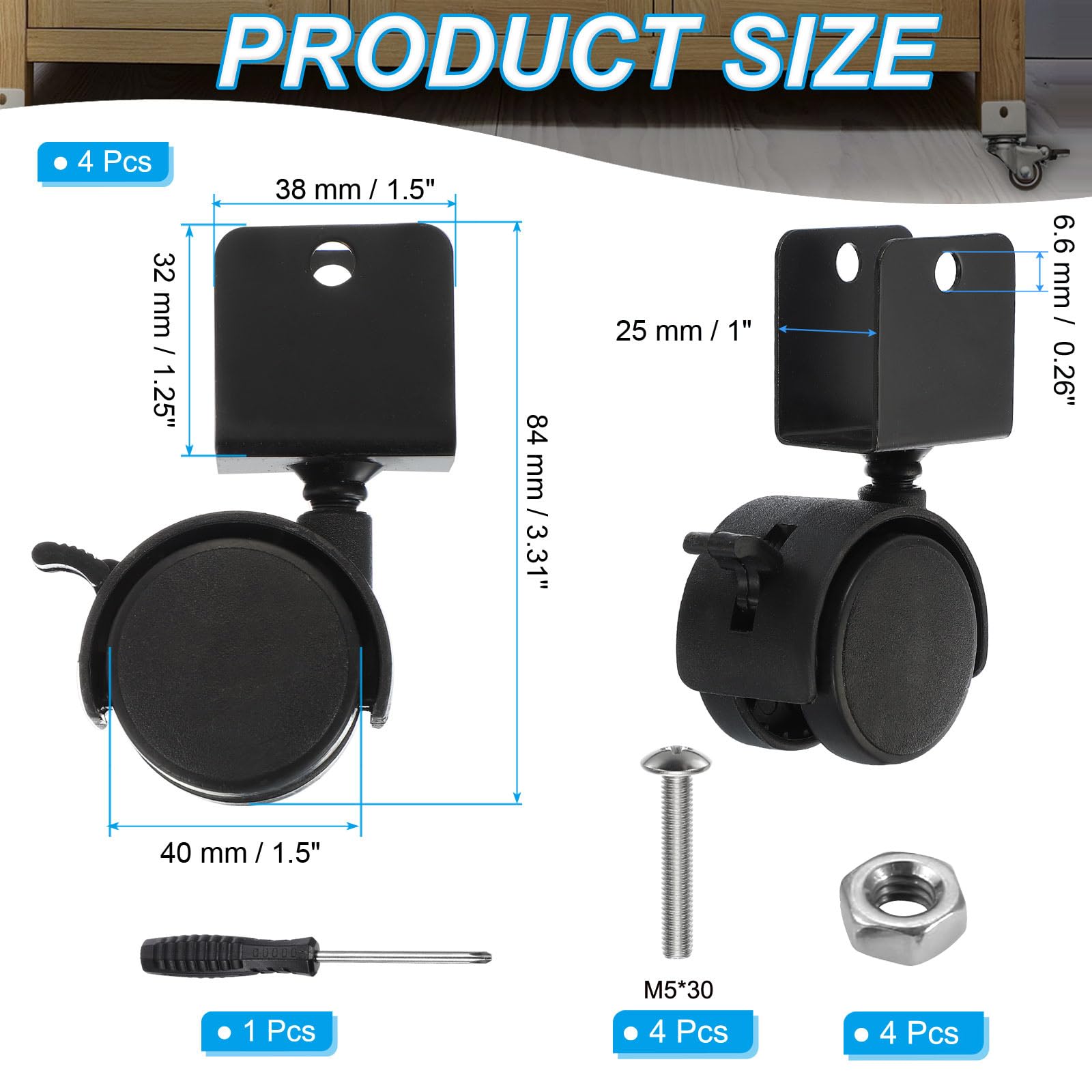 1.5" Girevole Ruota con 1" U Staffa, 4 Confezione 360° Rotazione Girevole Nessun Rumore Ruota con Freno Totale 66 Lbs di bloccaggio Ruota per Mobili Gamba