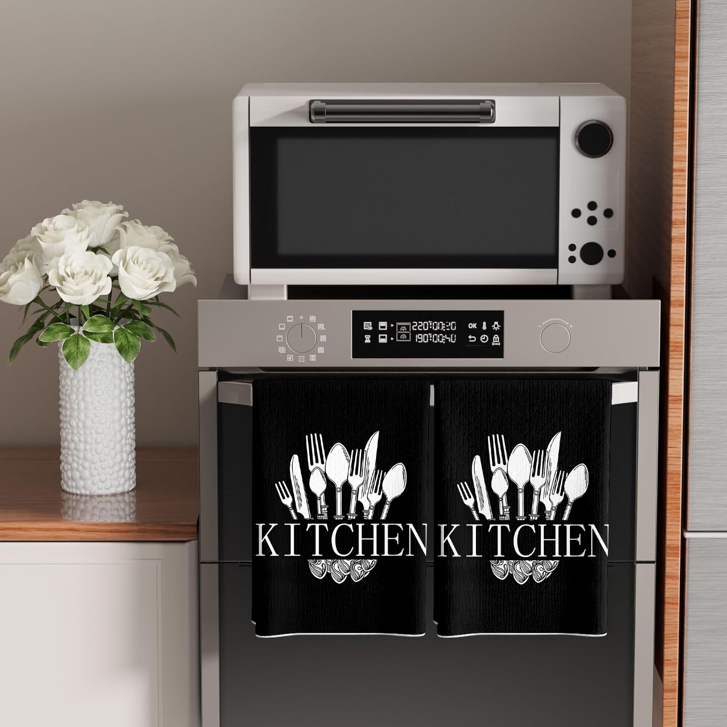 LHAIFA Black Kitchen Towels Decorative Set Knife Fork Spoon and Tableware Dish Towels Set of 2 Absorbent Soft Tea Towels 18x26 Inch Decoration Hand