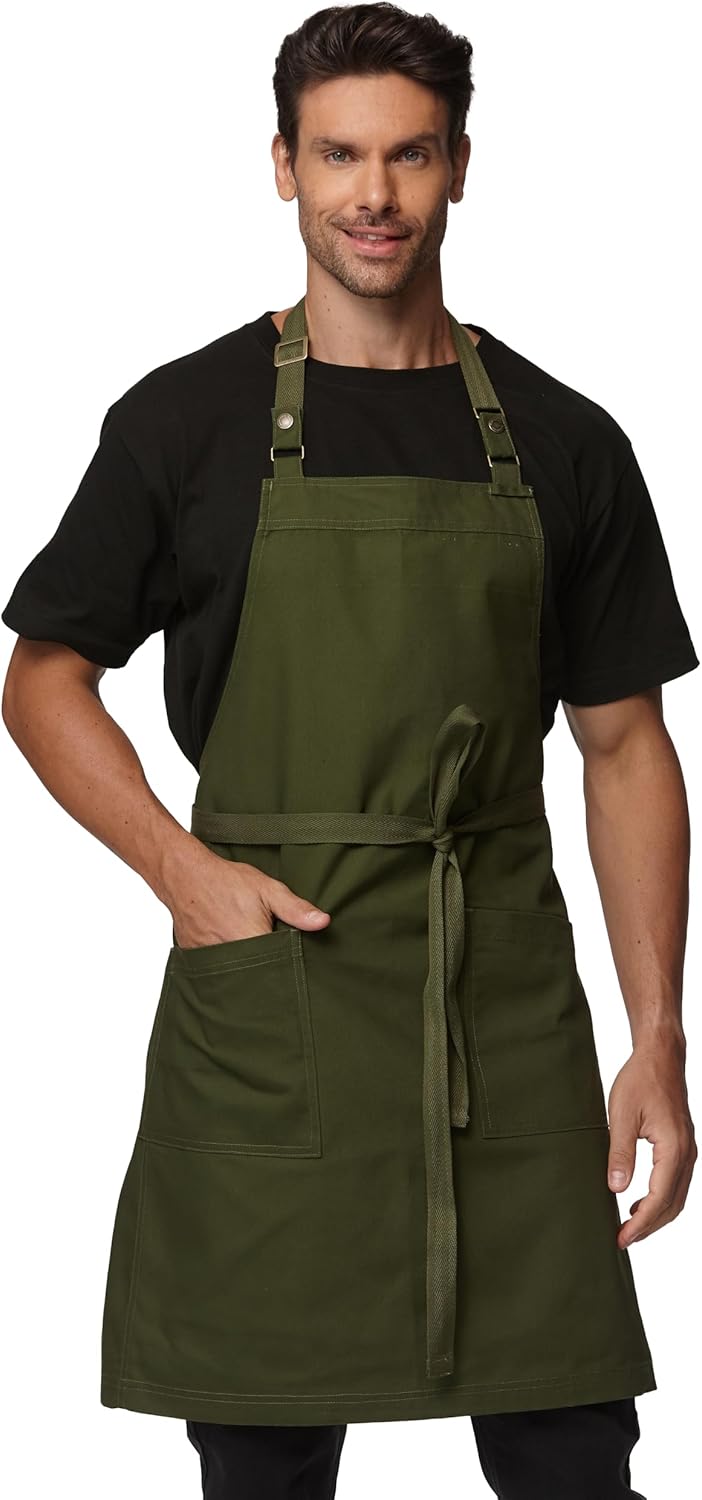 Chef Aprons for Men Women with Large Pockets Canvas Apron Waterproof Professional with 2 Pockets 4251GB