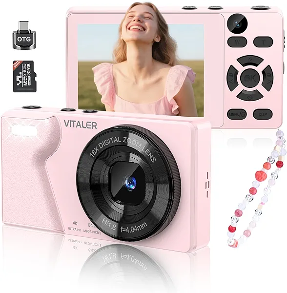 Vitaler Digital Camera with Front Rear Lens, Autofocus 64MP 4K Camera for Photography with 32GB Card, Portable Compact Point and Shoot Camera for Teens Adult Beginner with Metal Shell, 2000mAh Battery