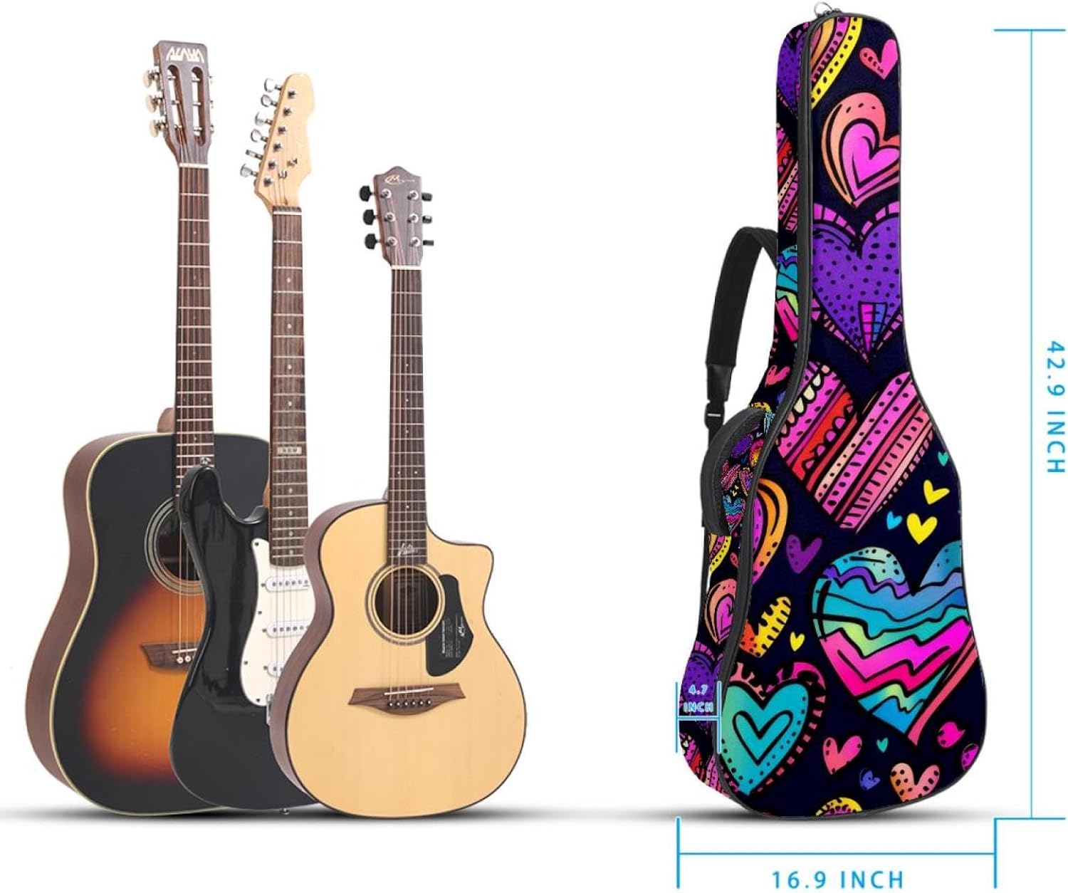 Acoustic Guitar Bag 0.4 Inch Thick Padding Waterproof Guitar Case Gig Bag for 40 41 42 Inch Electric Bass Classical Guitar, Colorful Hearts in Doodle Style