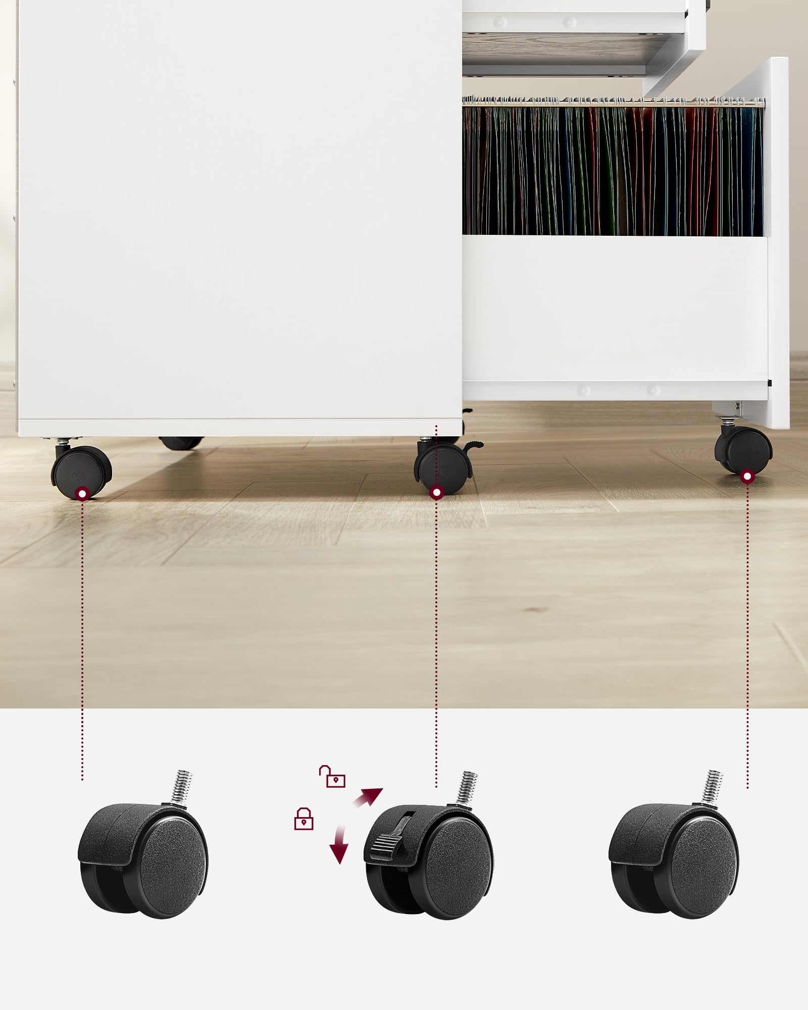 VASAGLE Rollcontainer, Aktenschrank, mit 3 Schubladen und Rollen, offene Fächer, für Dokumente in DIN A4-, Letter-Format, Druckerständer, Industrie-Design, weiß mit Holzmaserung OFC041W46