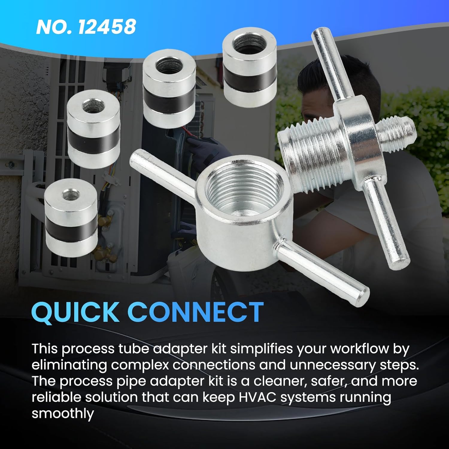 12458 HVAC Process Tube Adapter Kit for 3/16", 1/4", 5/16", 3/8" Copper Tubing, Leak-Free Charging Line Connector, A/C Refrigeration Service Tool with Storage Case