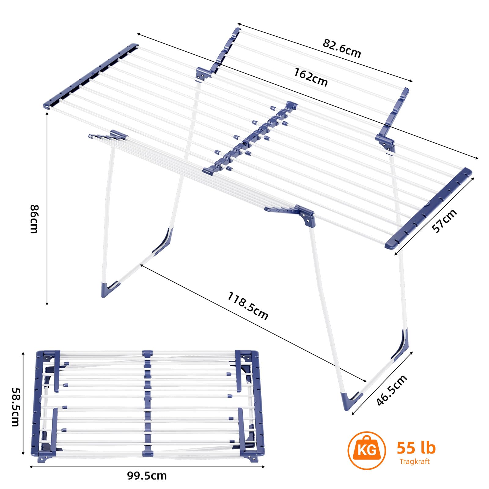KINGBOARD Wäscheständer klappbar ausziehbar, Flügelwäscheständer 57 x 162 x 86 cm, Stabiler Standtrockner mit rutschfesten Füßen für Innen und Außen, Weiß