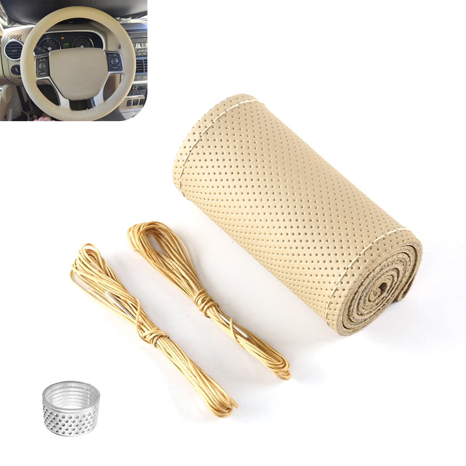 Ferianl Genuine Leather Steering Wheel Cover, 15 Inch Hand Sewing Steering Wheel Wrap, Breathable Anti Slip Car Steering Wheel Protector, DIY Sewing