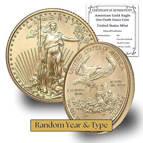 1986 - Present (Random Year) 1/10 oz Gold American Eagle Brilliant Uncirculated Coin (Type 1 or Type 2) with Certificate of Authenticity $5 BU