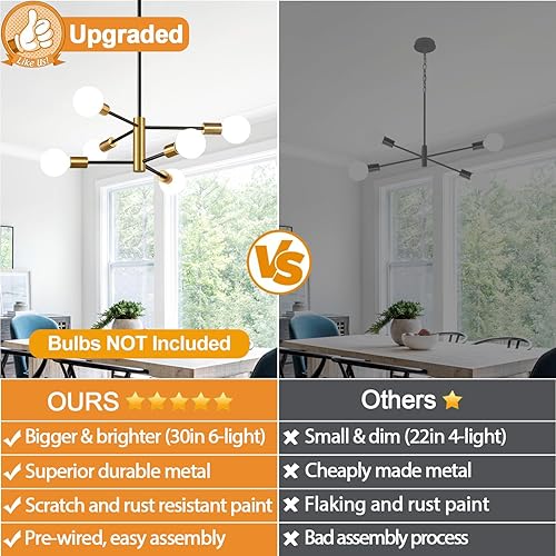 Miniatura 6 de Lámpara de araña de 30 pulgadas, lámpara de comedor de 6 luces, moderna Sputnik de color dorado cepillado y negro, lámpara de mediados de siglo
