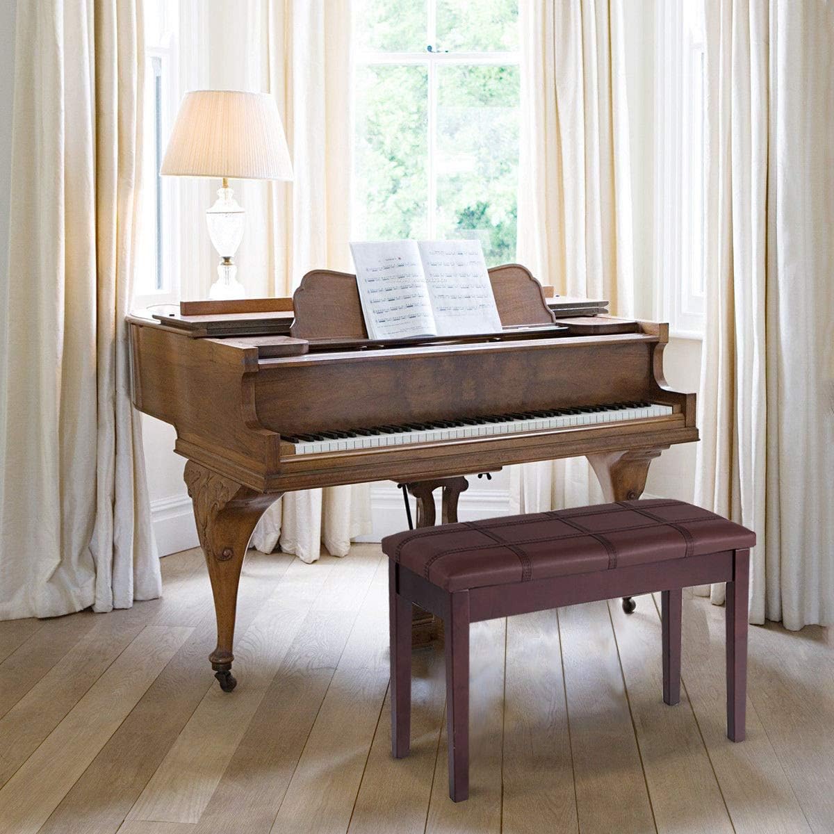 Giantex Duet Piano Bench with Storage, Keyboard Bench with Padded Cushion, Solid Wood Legs, Storage Compartment, Comfortable PU Leather Piano Stool with Locking Hinge & Anti-Slip Pad