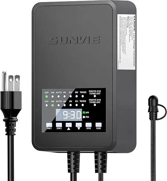 SUNVIE 300W Low Voltage Landscape Transformer with 2 Independent Control Output Landscape Lighting Transformer with Timer and Photocell Sensor 120V AC to 12/14V AC Weatherproof Low Voltage Transformer