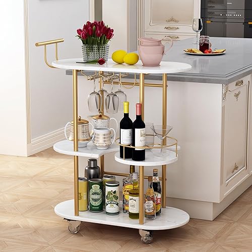 Miniatura 9 de Carrito de bar dorado con almacenamiento de botellas y copa de vino, carrito de bar con ruedas para interiores y exteriores, carrito de bar para