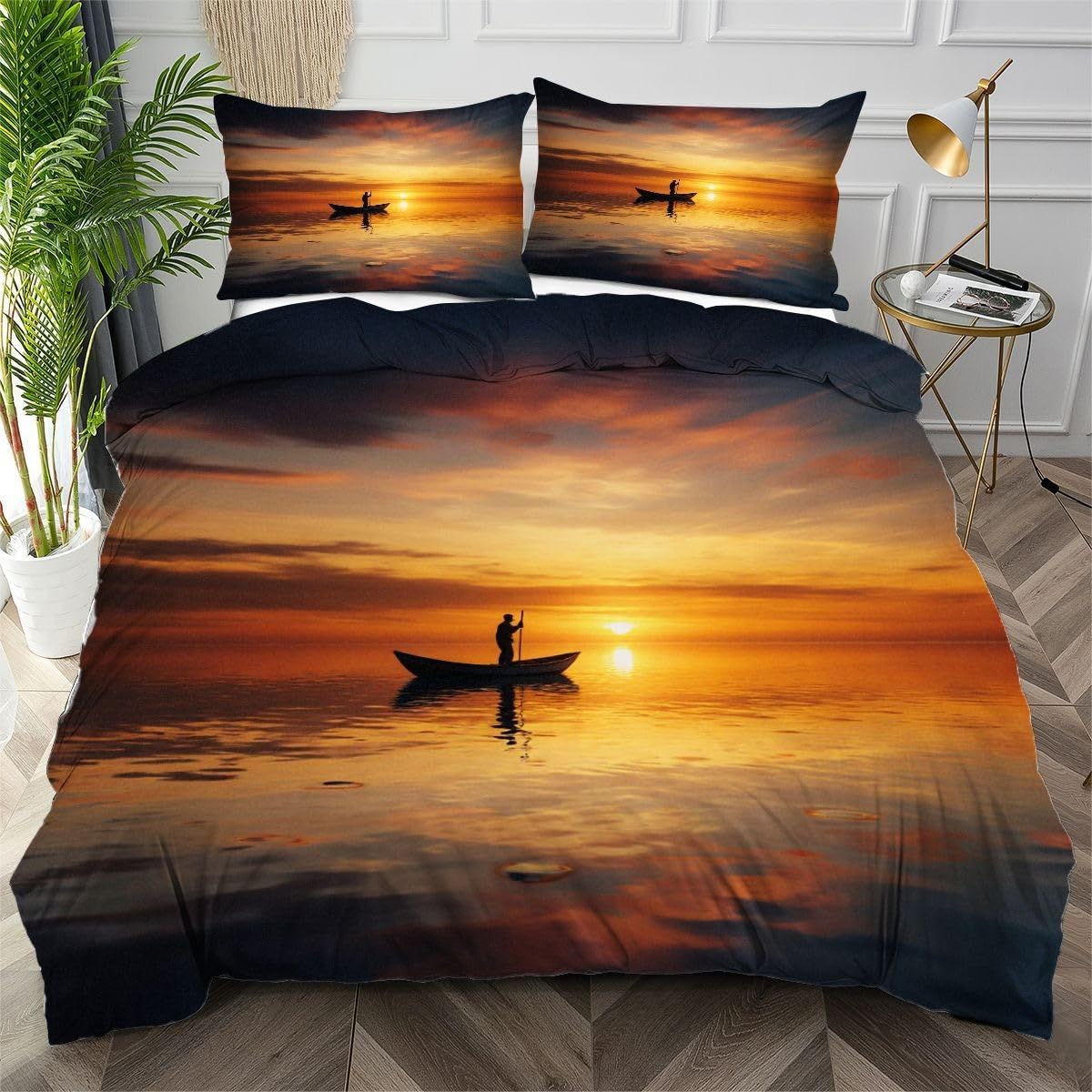 Parure de lit 160x200 bateau jaune en microfibre 3D pour chambre d'ado marine