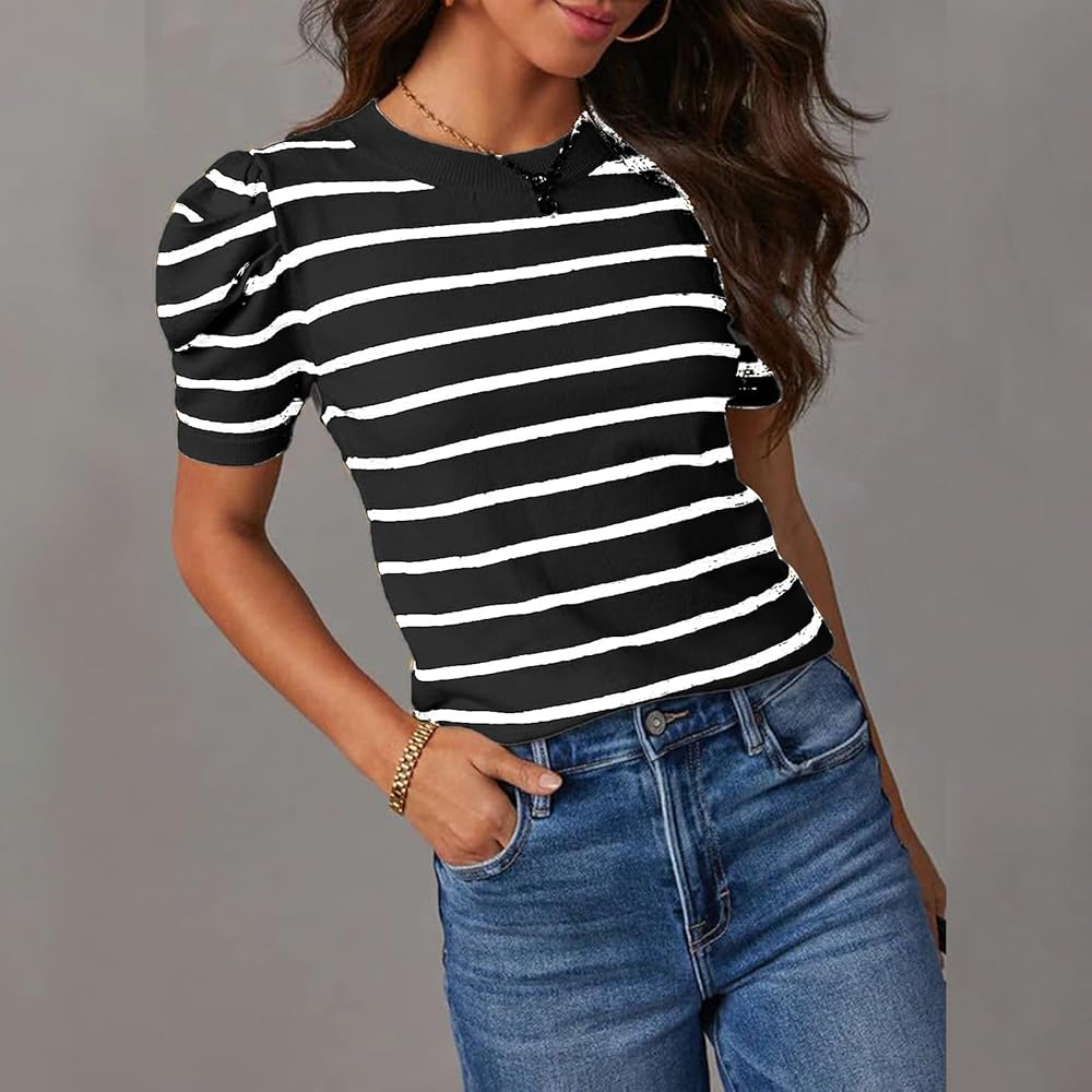 Women's Short Puff Sleeve Tops 2025 Trendy Crewneck Striped