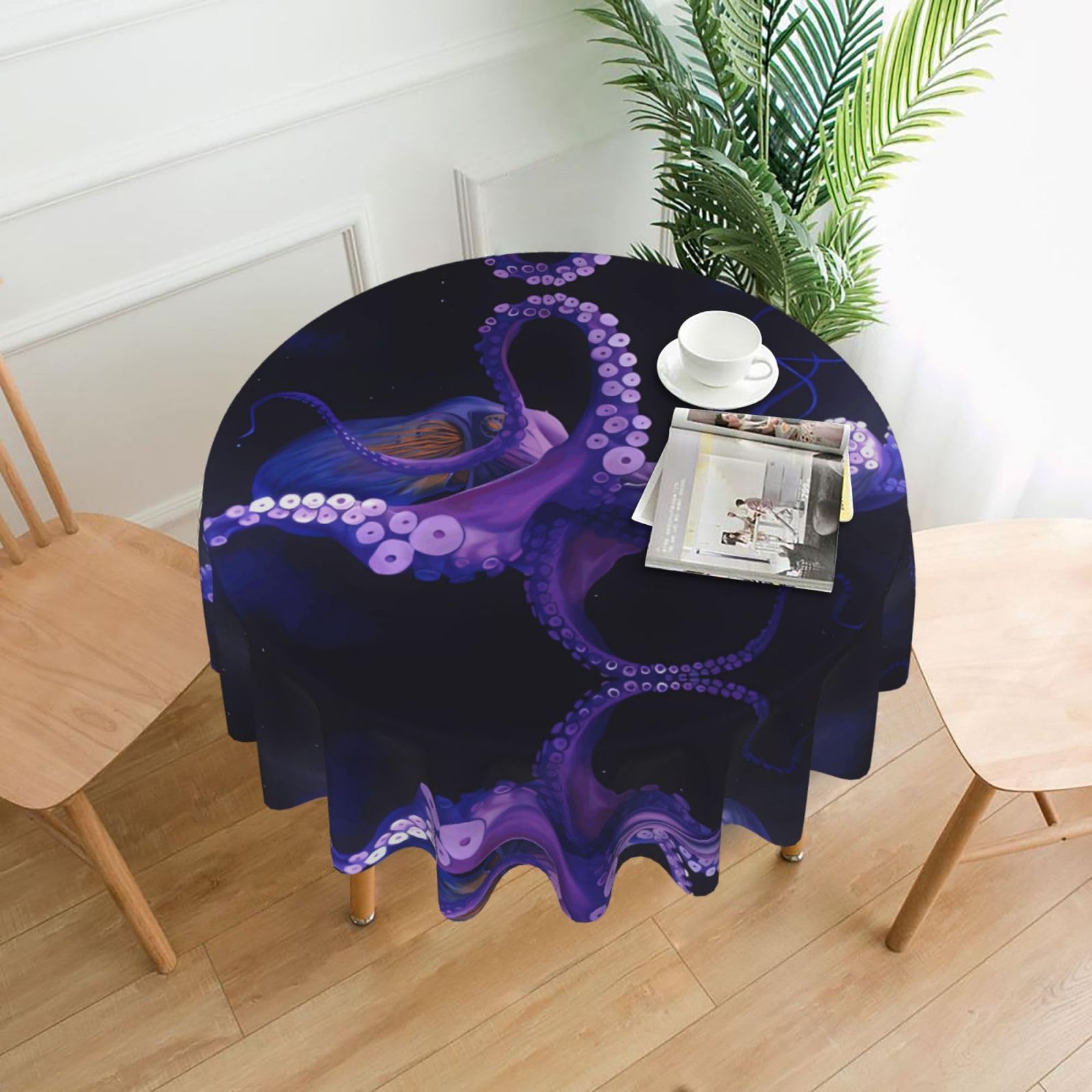 Hjfczh Black Purple Octopus Prints Round Table Throw 60 Inch - Waterproof Table Cover - Soft & Wrinkle Resistant Decor Layer For Dinners, Parties & Everyday Use