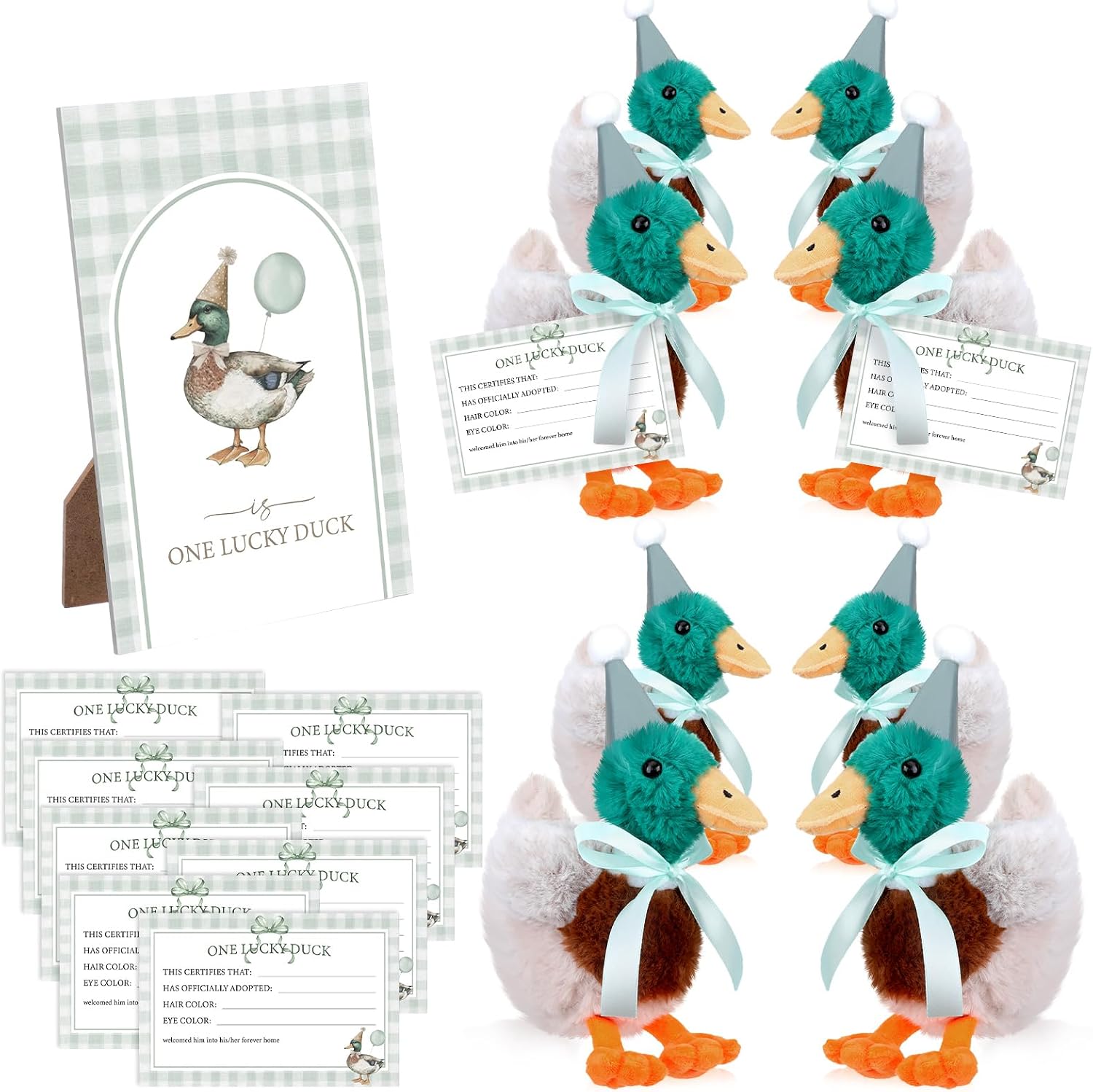 Arrowbash 26 Pcs One Lucky Duck Birthday Decorations Mallard Duck Hunting Birthday Party Favors 8 Sets 9.9 Mallard Ducks Stuffed Animal with Hats, 8 Cards, 1 Wood Table Decor for Party Gifts