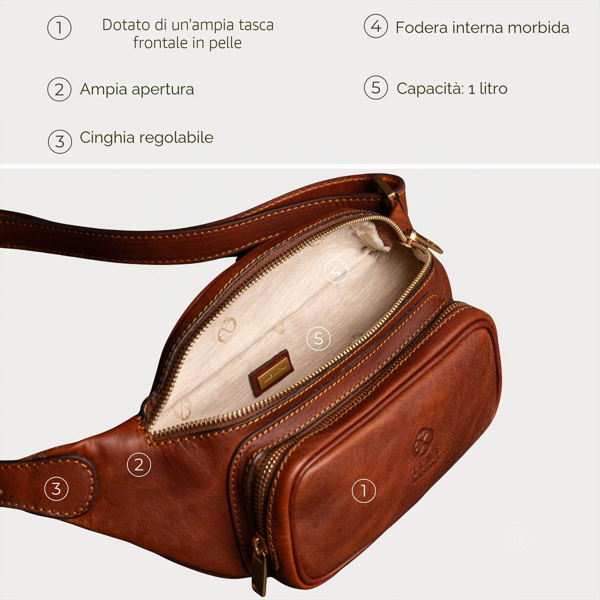 Marsupio Uomo in Vera Pelle Primo Fiore – Marsupio Donna Pelle Realizzato in Italia da Esperti Artigiani – Elegante con Cintura Regolabile e Tasche Spaziose – Time Resistance (Cognac)