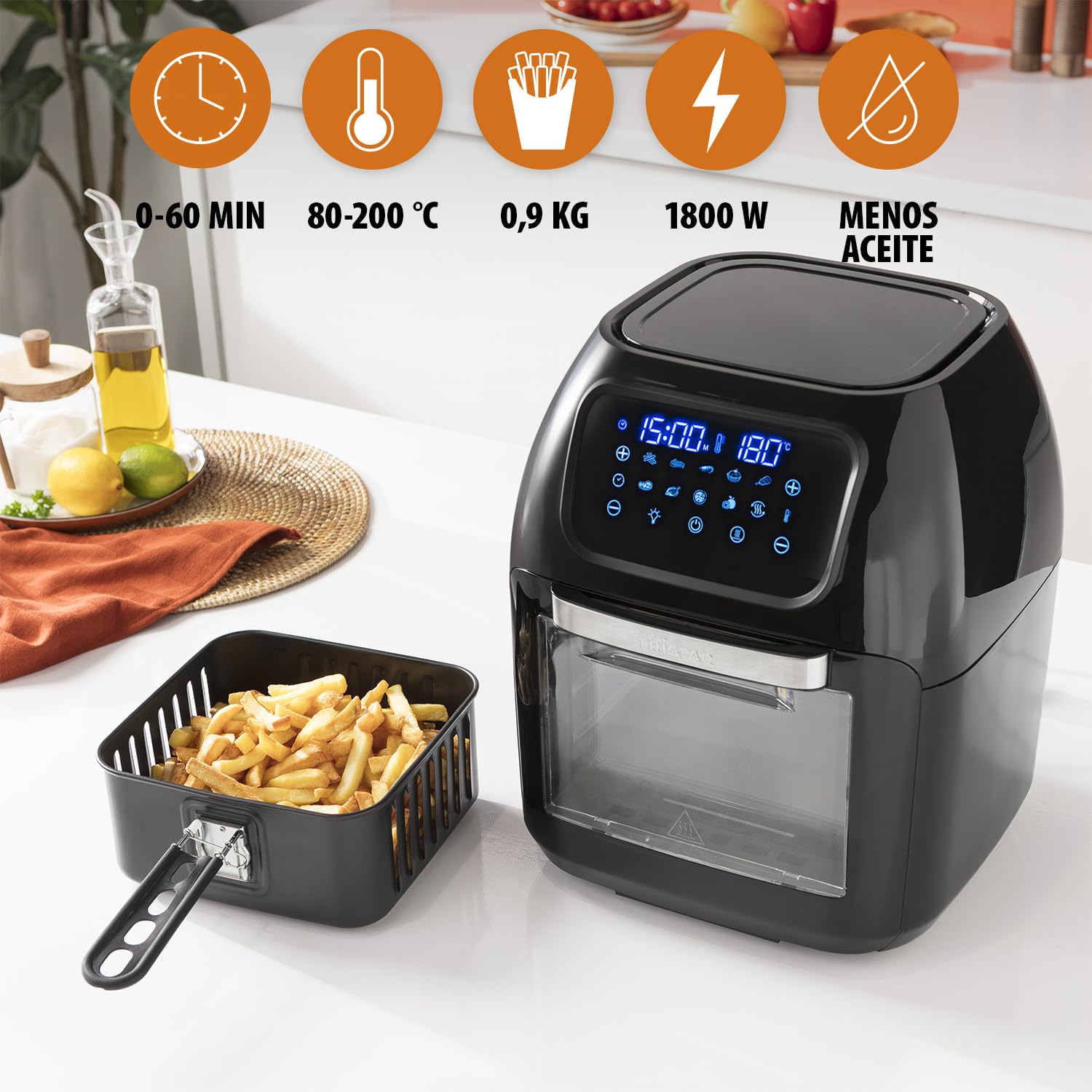 Tristar FR-6964 Freidora sin aceite y horno multifunción, capacidad 10 L, panel de control digital, tiempo y temperatura regulable 65-200 °C, 10 programas, 1800 W, accesorios incluidos