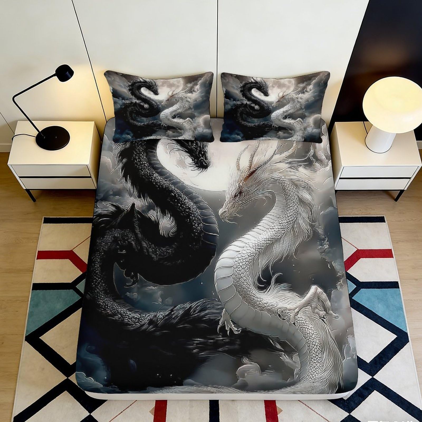 3D Printed Yin Yang Dragon Fitted Sheet Microfiber Soft Breathable Black White Dragon Bed Cover for Bedroom Dormitory Guest Room Mattress Protection 200x200x25cm
