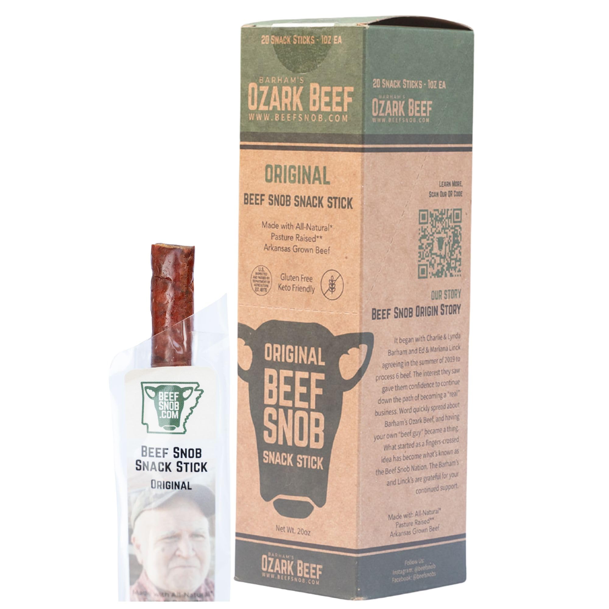 Beef Snob Snack Sticks - Original Flavor – High Protein, Sugar-Free, Keto & Gluten-Free Beef Jerky – 20 Count, 1 oz Each – Healthy On-the-Go Meat Snack