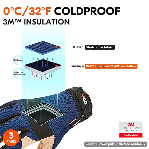 Miniatura 2 de Vgo... - 3 pares de guantes de trabajo para invierno de cuero de cerdo y forro para temperaturas de 32F o más, guantes de seguridad (talla XL, azul,
