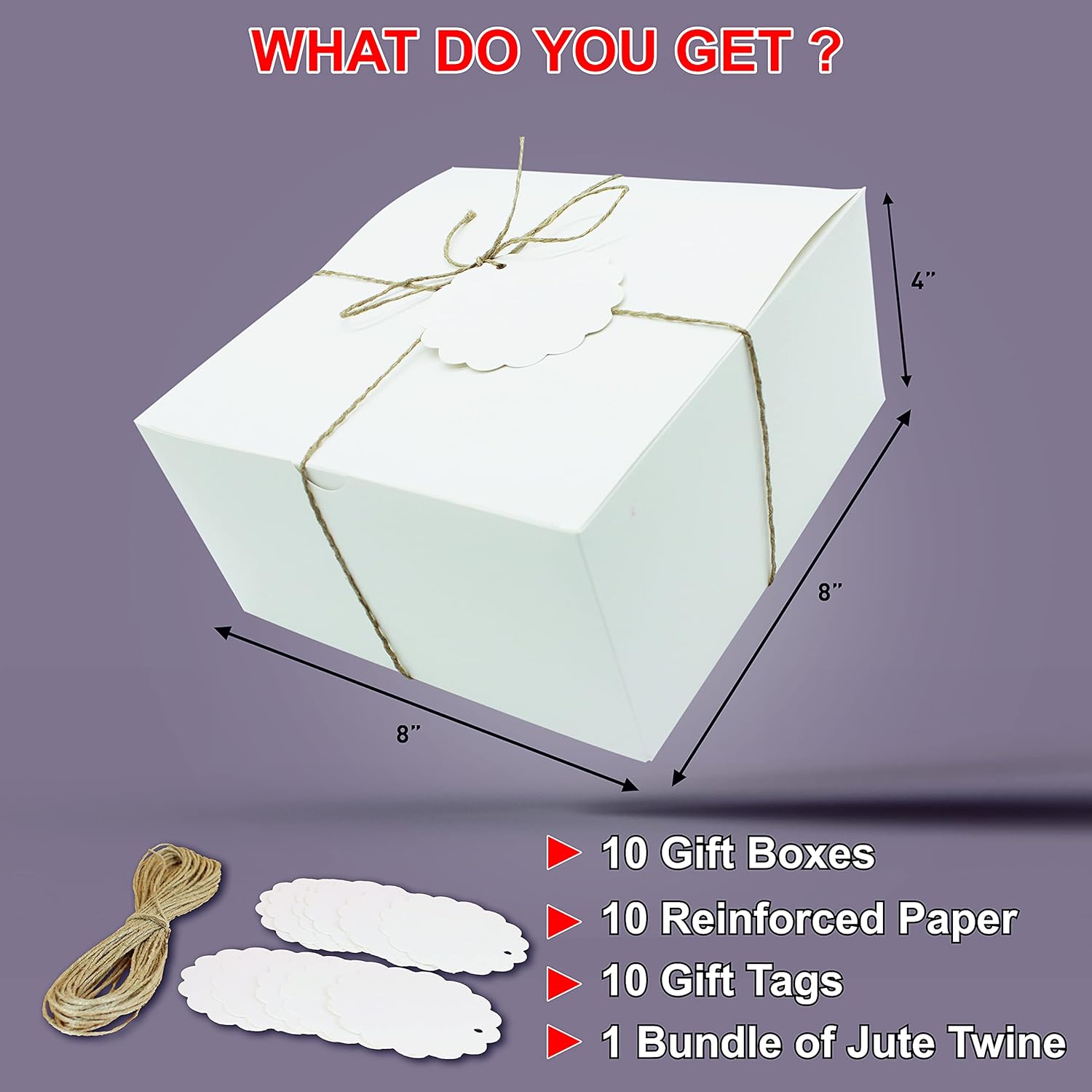 Best Deal MUDRIT Gift Boxes 10 Pack 8x8x4 Inches, Thick White Paper Boxes with Lids, Tags & Jute Rope for Gifts, Wedding Favours, Bridesmaid Proposals, Cupcakes, Crafting