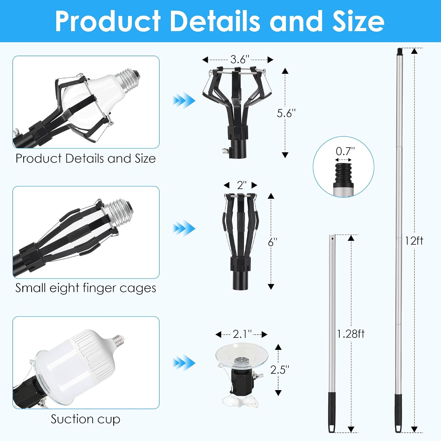 12Ft Light Bulb Changer for High Ceilings Lightweight 18FT Reach Light Bulb Replacement Removal Tool Extension Pole with Baskets Gripper and Suction Cup Fits Recessed and Standard Bulbs