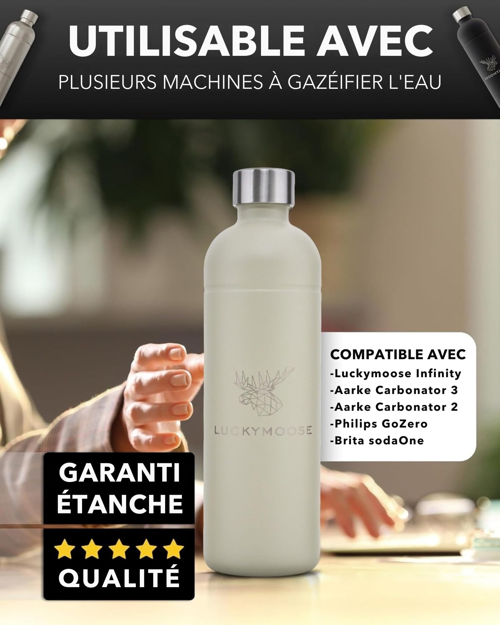 Luckymoose Infinity Lot de 4 Bouteilles en Inox machine a gazeifier l'eau 1,25L sand – Compatibles avec la série LM Infinity, Aarke Carbonator 3 et Brita SodaOne – Écologique & incassable