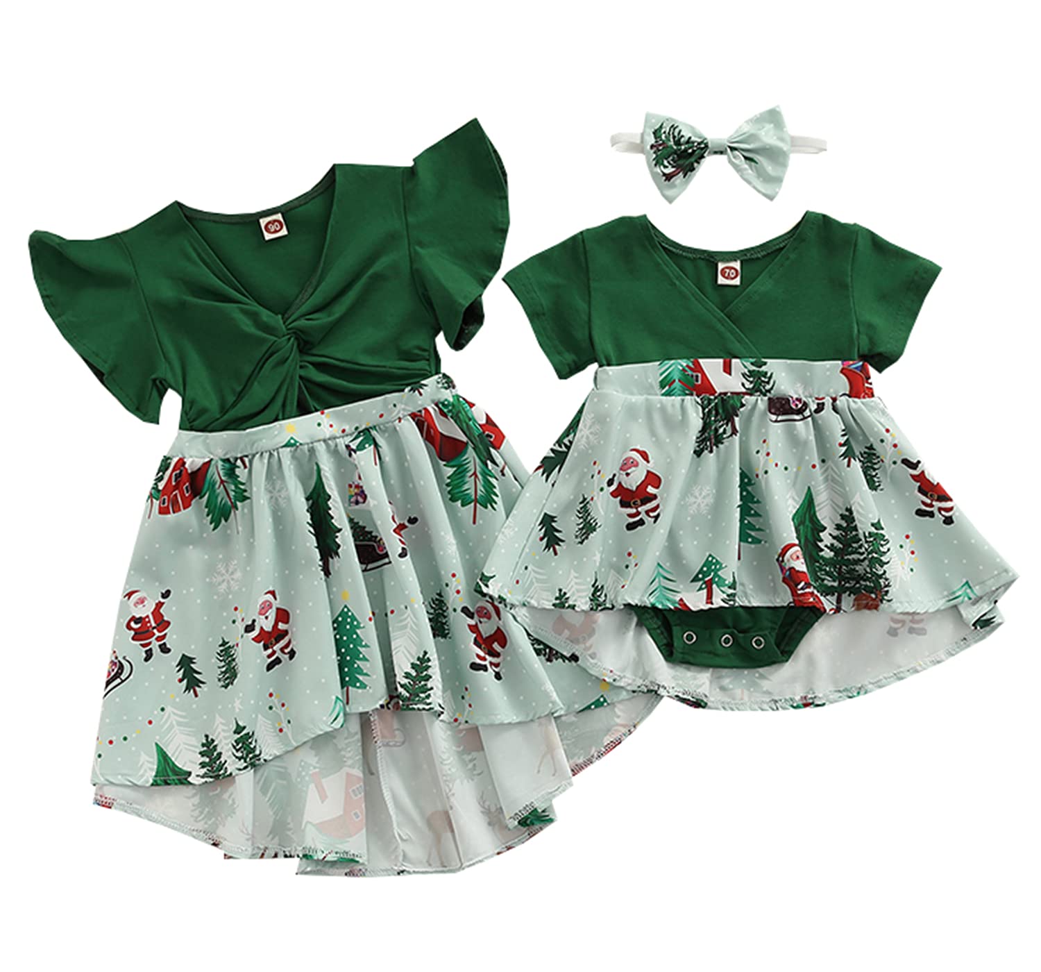 Andannby Little Sister Matching Christmas Dress Big Girl Green Santa Print Ruffle Playwear Holiday Dresses (Big Girl, 1-2 Years)
