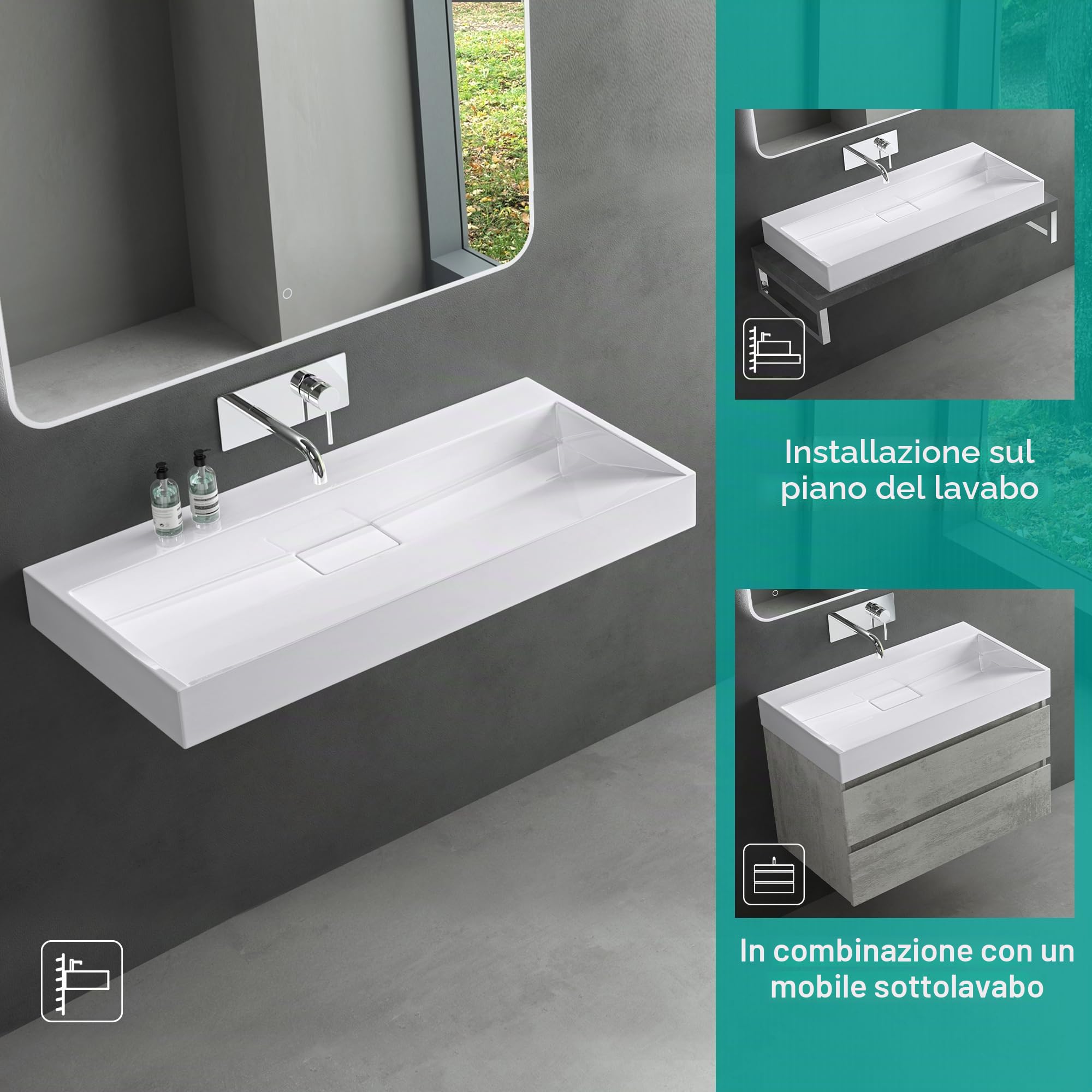 Mai & Mai Lavabo da Appoggio 120x46x11cm, Lavabo Bagno Sospeso Lavandino Bagno con Piletta di Scarico Lavabo da Minerale fuso senza Foro per Rubinetteria, Colossum19-1200OA