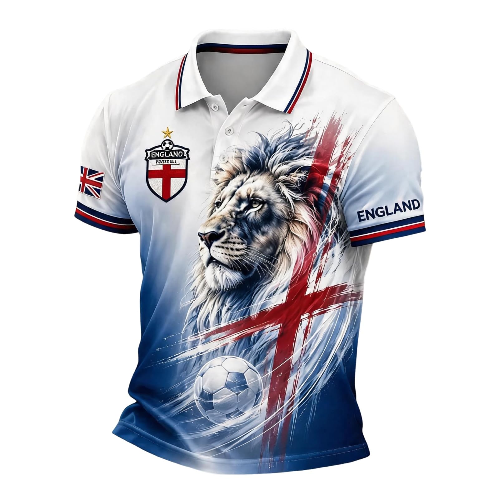 England Football Shirt Mens Lion Print Short Sleeve Polo Shirt for Supporters of Football Casual National Flag Print Button Down Collar Top Outdoor Sports Shirts for Men Watermelon Red XXXXL